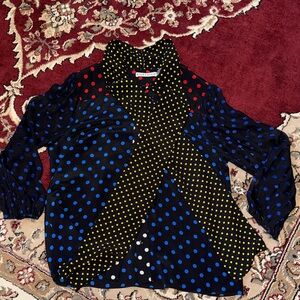 Alice + Olivia Black Blouse with Red, Blue, and Yellow Dots